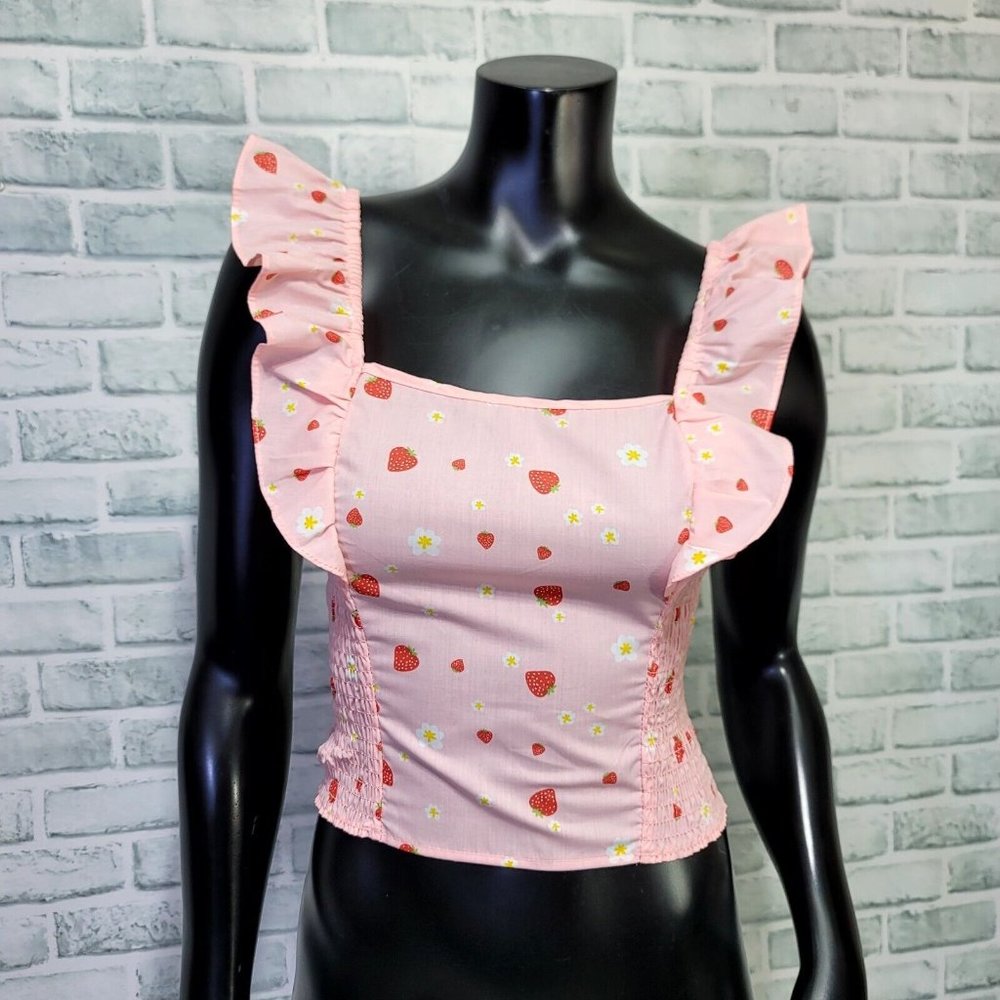 No Frills‎ Womens S Pink Strawberry Pattern Smocked Sides Ruffle Straps Crop Top